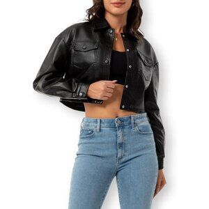 Women Faux Leather Cropped Jacket Trendy Moto Biker Short Jacket PU Jacket Black
